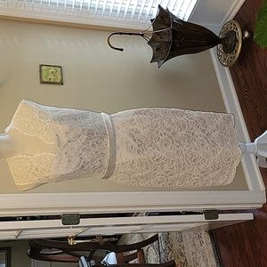 DESSY COLLECTION ivory lace dress nude lined sleeveless fit waist belt 10 New…